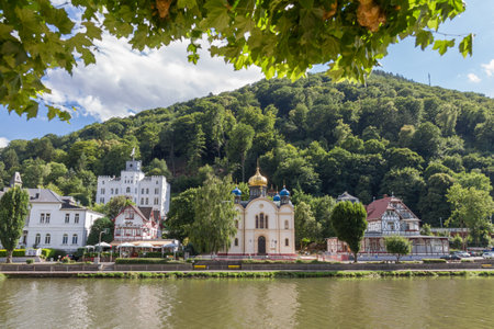 Bad Ems, Germany - July 21, 2015: View of the spa town Bad Ems at the river Lahn in Germany with the Russion Orthodox Church and Schloss Balmoral in viewのeditorial素材