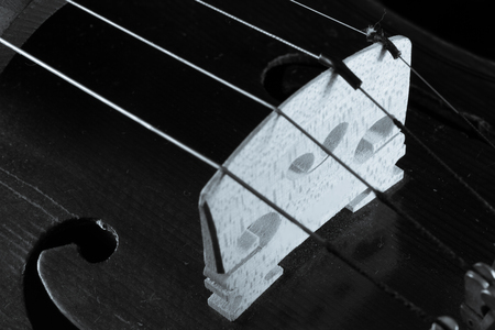 Violin close-up in black and white. One of a series of close-up shots of a violin taken in 2015