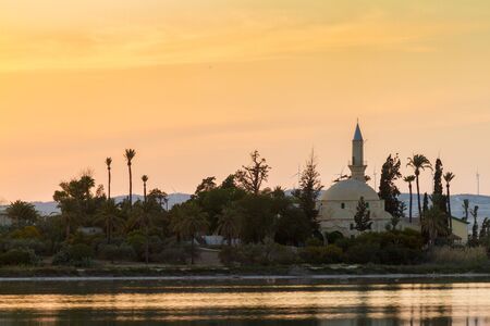 Afternonn phot of Hala Sultan Tekke on Larnaca salt lake in Cyprusの写真素材