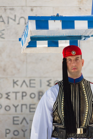 Athens, Greece - April 30, 2016: Soldier guards the Tomb of the Unknown Soldier at Syntagma Square, Athens, Greeceのeditorial素材