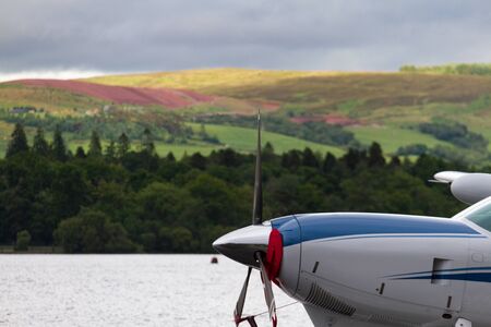 Hydroplane propeller and background lake view in Loch Lomond, Cameron Bay, Scotlandの写真素材
