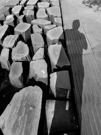 Paved stones on an urban pedestrian street and shadow of a man creating patterns of contrasting light in black and whiteの写真素材