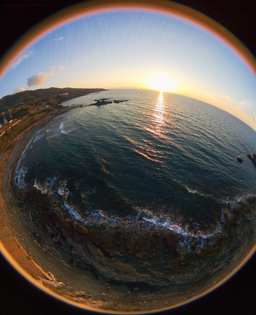 Sunset drone photo over Pomos village beach in Paphos area, island of Cyprusの写真素材