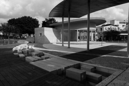 Modern building architecture in Paphos city center shot in black and whiteの写真素材