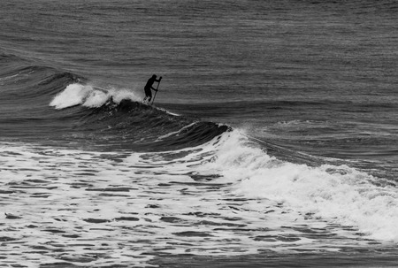Surfer holding oar in wetsuit negotiating waves  on Tynemouth beach in UK  on a winter morning in black and whiteの写真素材