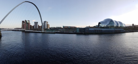 Newcastle, England - December 31, 2017: Panoramic view of Gateshead Quayside, Millennium Bridge, Sage, and Baltic in Newcastle Englandのeditorial素材