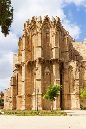 Side view of the Medieval Cathedral of St Nicholas (Lala Mustafa Pasha Mosque) in Famagusta, Cyprusの写真素材