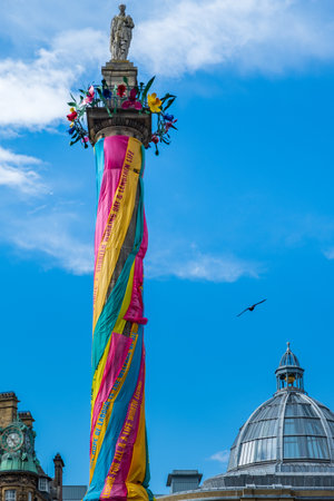 Newcastle, England - July 28, 2018: Grey's Monument decorated as Workers Maypole during the Great Exhibition of the North, aimed to demonstrate the North's trailblazing role in shaping today's world.のeditorial素材