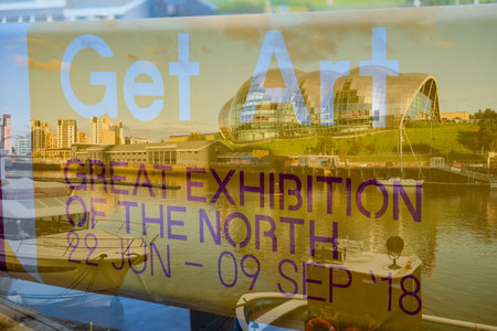 Newcastle, England - July 29, 2018: Advertising poster of the Great Exhibition of the North at...