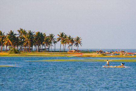 Fishermen Catching Fish at Chennai Buckingham Canal with Palm Trees in the background on a beautiful...