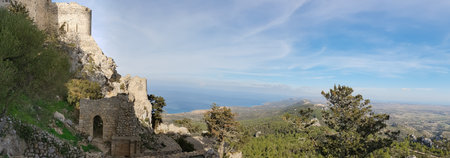 Kantara, Cyprus - November 27, 2018: Wide panorama of the castle of Kantara,  the easternmost castle of the three Pentadaktylos mountain range castles in the Ammochostos district in Cyprus.のeditorial素材