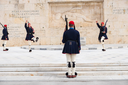 Athens, Greece - March 9, 2019: Changing of the presidential guard called Evzones in front of the Monument of the Unknown Soldier, next to the Greek Parliament, Syntagma squareのeditorial素材