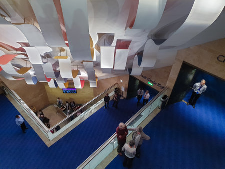 Manchester, England - February 17, 2019: Interior view of the corridors of the Bridgewater Hall. The...