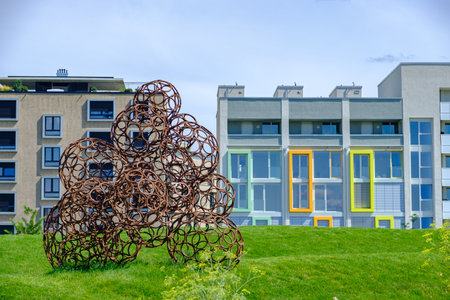 Heilbronn, Germany - August 8, 2019: Urban construction and scultpure at the 2019 Federal Garden...