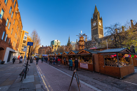 Manchester, United Kingdom - November 29, 2019: Christmas Markets in Albert Square near the Town Hall of Manchester in the nortwest of Englandのeditorial素材