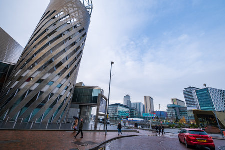 Manchester, United Kingdom - November 27, 2019: View of modern architectural buildings at the Lowry waterside arts complex at the Salford Quaysのeditorial素材