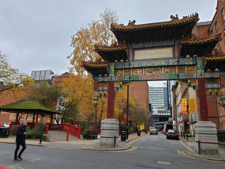 Manchester, United Kingdom - November 23, 2019: Gate into Chinatown in Manchester, the second largest Chinatown in the UK and the third largest in Europe.のeditorial素材