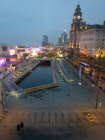 Liverpool, United Kingdom - November 24, 2019: Night view of liverpool waterfront from the windows...