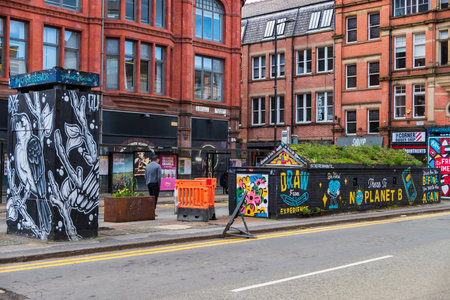 Manchester, United Kingdom - March 1, 2020: View of OUT HOUSE, a new outdoor space for public street art in Stevenson Square in the Northern Quarter of Manchester, UKのeditorial素材