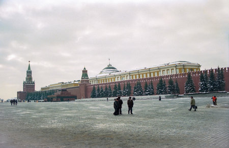 Moscow, Russia - February 10, 1999: Beautiful view of Red square and the Kremlin in Moscow in winter. Retro capture on film.のeditorial素材