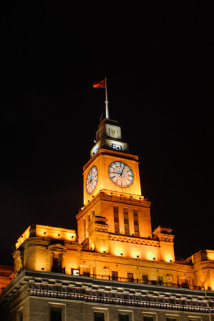 Night scene of an old historic building used by a bank in the Bund, Old Part of Shanghai in Chinaの写真素材