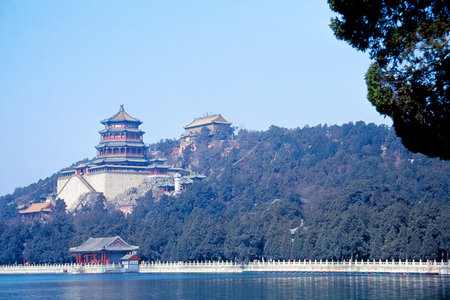 Imperial Summer Palace in Beijing, China with Ming Tombs Reservoir in the foreground.のeditorial素材