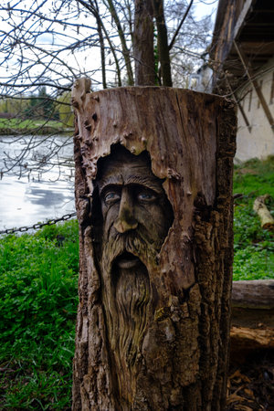 Old tree trunk with the face of an old looking person carved into the wood in Cambridge, Englandの写真素材