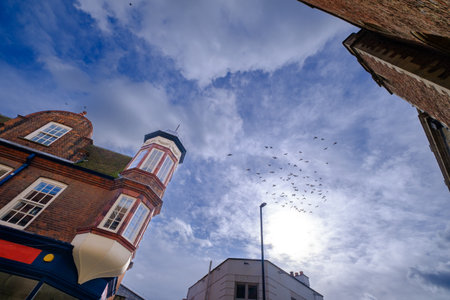 Birds flying above classical buildings in Cambridge, England. Dramatic sky and classic architecture.の写真素材