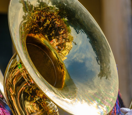Beautiful reflections of the surroundings in the Tubas of Corful Philarmonic Orchestras during the...