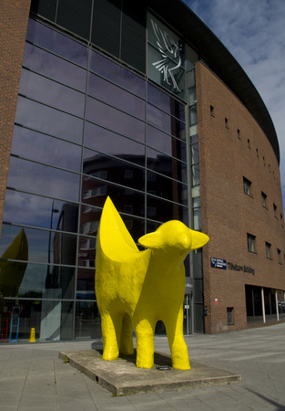 Liverpool, UK - May 14, 2014  Yellow Superlambanana sculptue located in Liverpool, designed by Manhattan-based Japanese artist Taro Chiezoのeditorial素材