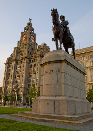 Liverpool, UK - May 27, 2014  The Royal Liver Building on the Pierhead at Liverpool, UK and Equestrian statue of King Edward VII on 27th May 2014 のeditorial素材