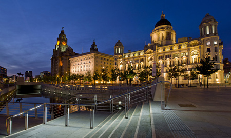 Liverpool, UK - May 27, 2014  Pier Head, Three Graces, famous buildings on Liverpoolのeditorial素材