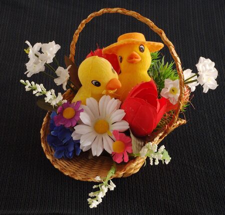 Easter basket with ducklingの写真素材