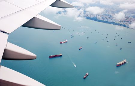 View of plane window on Singaporeの写真素材
