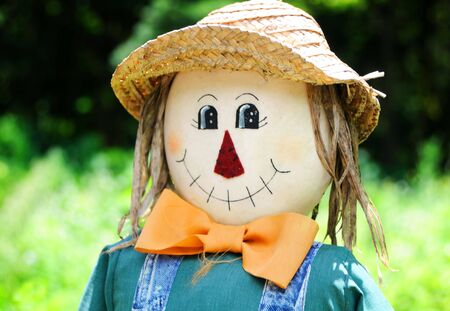 A close-up of a smiling fall scarecrow face の写真素材
