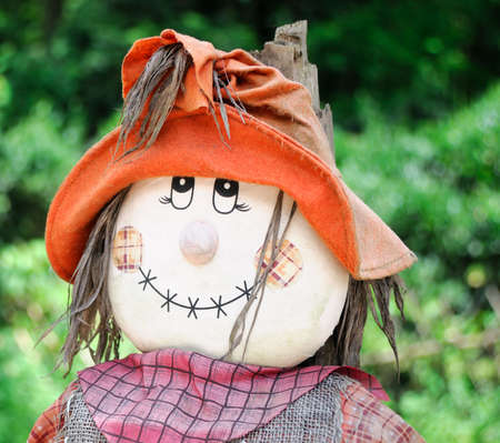A close-up of a smiling fall scarecrow face の写真素材