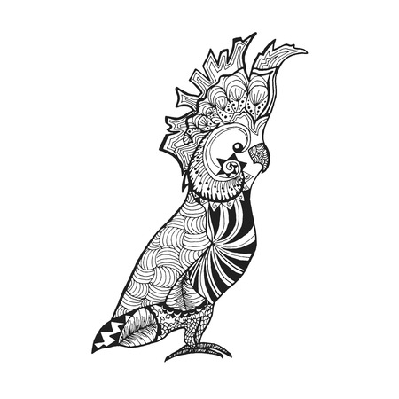 Zentangle stylized cockatoo parrot. Birds. Black white hand drawn doodle. Ethnic patterned vector illustration. African, indian, totem tatoo design. Sketch for tattoo, poster, print or t-shirt.のイラスト素材