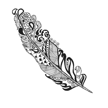 Zentangle stylized feather. Black white hand drawn doodle. Ethnic patterned vector illustration. African, indian, totem tatoo design. Sketch for tattoo, poster, print or t-shirt.のイラスト素材