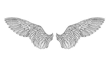 Zentangle stylized feather. Black white hand drawn doodle. Ethnic patterned vector illustration. African, indian, totem tattoo design. Sketch for art therapy, coloring page, poster, print or t-shirt.のイラスト素材