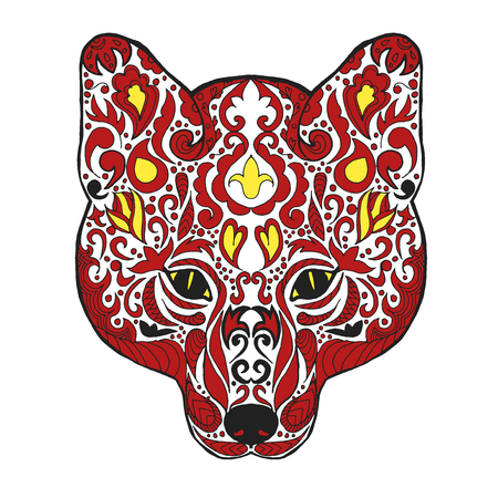 Fox head. Adult antistress coloring page. Black white hand drawn doodle animal. Ethnic patterned vector. African, indian, totem tribal, zentangle design. Sketch for tattoo, poster, print, t-shirtのイラスト素材