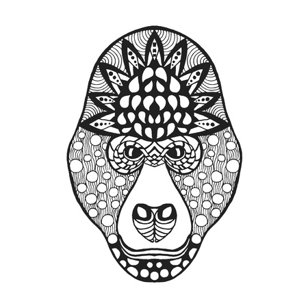 Gorilla head. Adult antistress coloring page. Black white hand drawn doodle animal. Ethnic patterned vector. African, indian, totem tribal, zentangle design. Sketch for tattoo, poster, print, t-shirtのイラスト素材