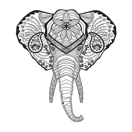 Elephant head. Adult antistress coloring page. Black white hand drawn doodle animal. Ethnic patterned vector. African, indian, totem tribal, zentangle design. Sketch for tattoo, poster, print, t-shirtのイラスト素材