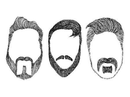Hand drawn vector set 2 of dress up constructor. Different men faces hipster geek style haircut, beard, mustache. Silhouette icon creation kit. Design sketch avatar for social media or web siteのイラスト素材