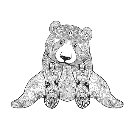 Cute panda bear. Black white hand drawn doodle animal. Ethnic patterned vector illustration. African, indian, totem, tribal, zentangle design. Sketch for coloring page, tattoo, poster, print, t-shirtのイラスト素材