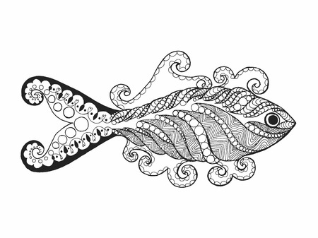 Zentangle stylized fish. Hand drawn doodle animal. Ethnic patterned vector illustration. African, indian, totem, tribal design. Sketch for avatar, coloring page, tattoo, posters, print, t-shirtのイラスト素材