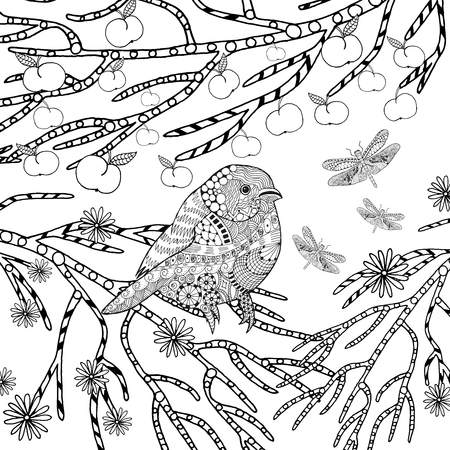 stylized tropical bird in flower garden. Animals. Hand drawn doodle. Ethnic patterned illustration. African, indian, totem tattoo design. Sketch for avatar, tattoo, poster, print or t-shirt.のイラスト素材