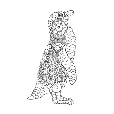 stylized cute penguin. Adult antistress coloring page. Black white hand drawn doodle animal. Ethnic patterned vector. African, indian, totem tribal design. Sketch for tattoo, poster, print, t-shirtのイラスト素材