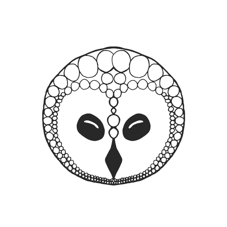 Eagle owl head. Adult antistress coloring page. Black white hand drawn doodle animal. Ethnic patterned vector. African, indian, totem tribal, zentangle design. Sketch for tattoo, poster, print, t-shirtのイラスト素材