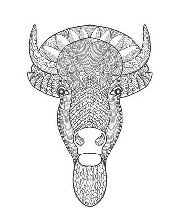 stylized bull head. Animals. Hand drawn doodle. Ethnic patterned vector illustration. African, indian, totem, tatoo design. Sketch for avatar, tattoo, posters, prints or t-shirt.のイラスト素材