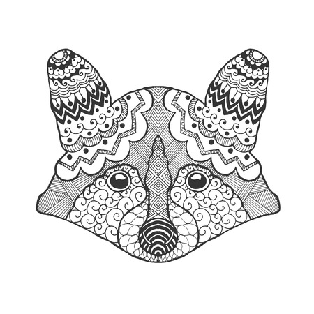 Cute raccoon head. Black white hand drawn doodle animal. Ethnic patterned vector illustration. African, indian, totem, tribal design. Sketch for coloring page, tattoo, poster, print, t-shirtのイラスト素材